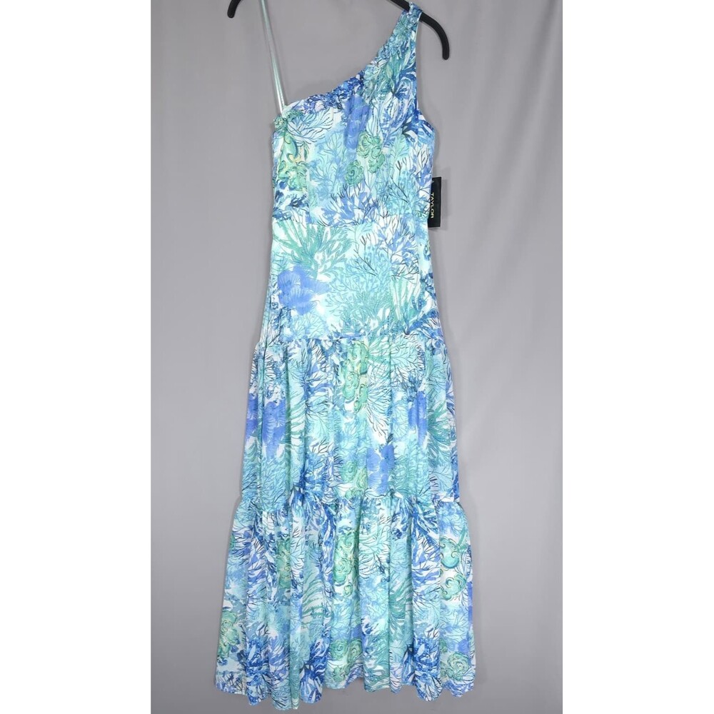 TAYLOR New Dress One Shoulder Size 4 Floral Maxi Blue Green Tiered #4339M‎